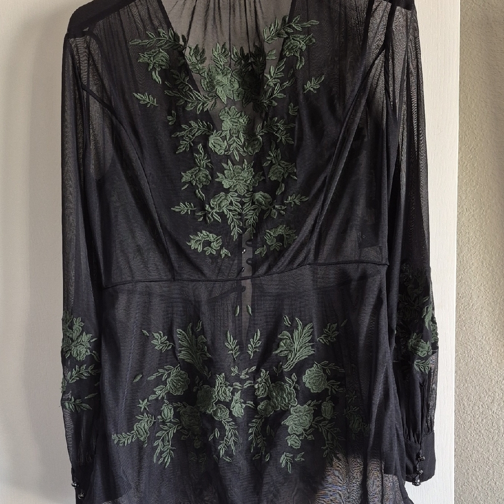 Carlisle Black Sheer Blouse with Green Embroidery - Picture 6 of 7